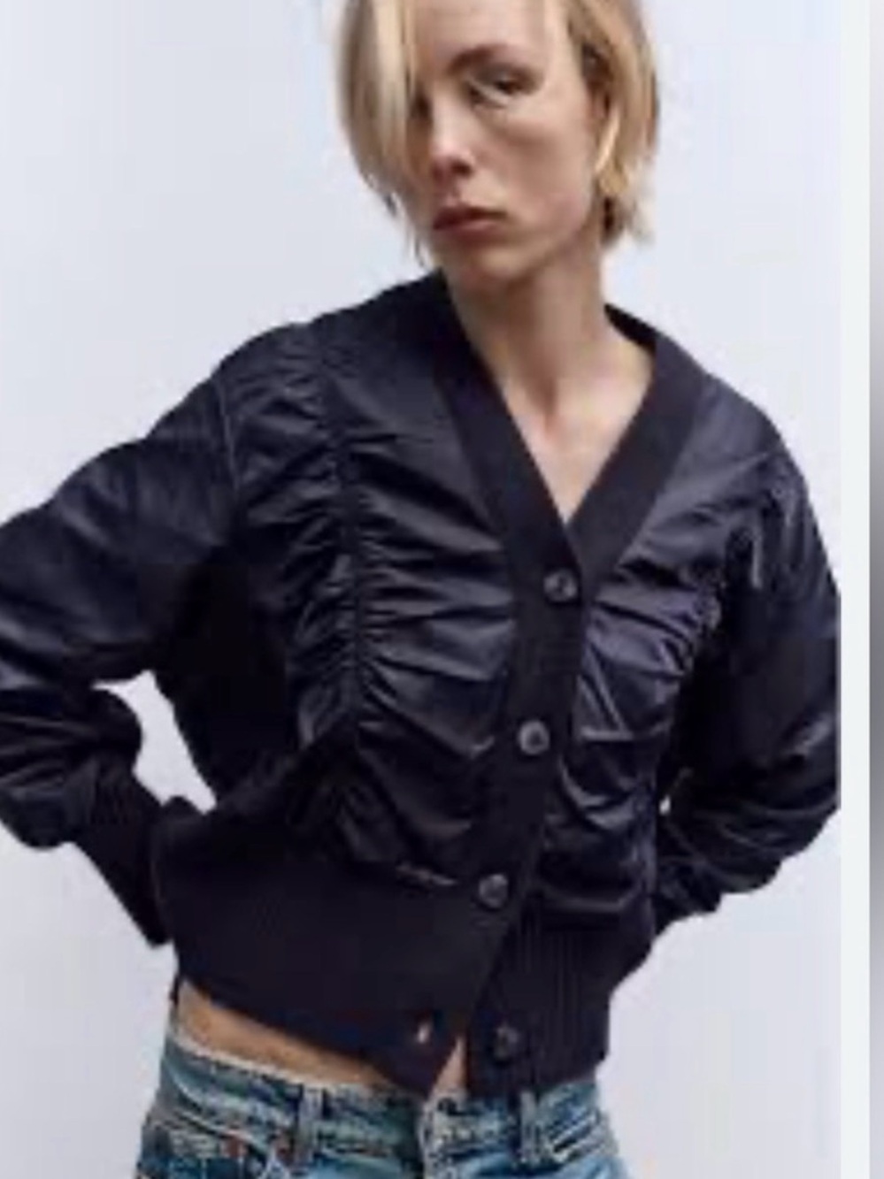 Zara Deep Navy Mixed-Media Button Front Cardigan